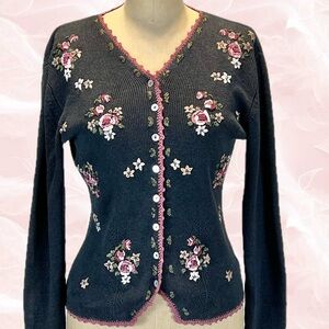 VINTAGE Emily‎ Rose embroidered floral knit sweater cardigan form fitting y2k